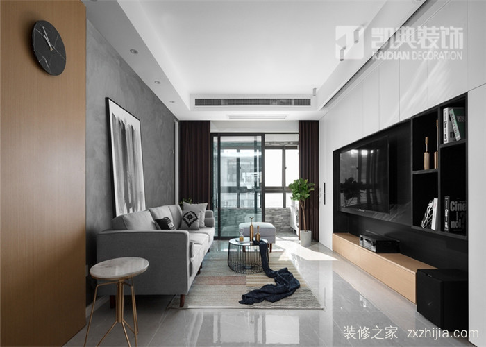 效果图,现代风格的三居室,整体以黑白灰以及木色为基调,房子本身拥有