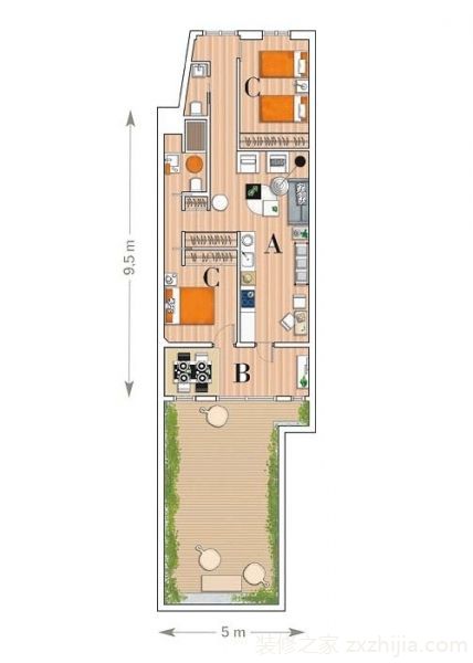 宜家控的异形空间设计45平长条形双卧小户型