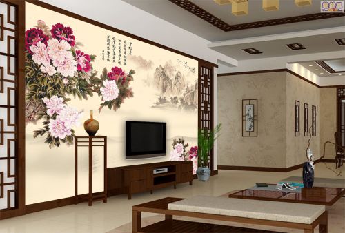 中式風格客廳彩繪中國風電視背景墻效果圖