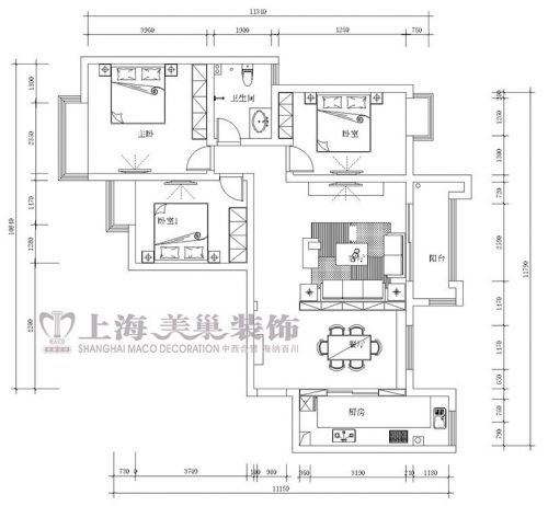 鄭州潤(rùn)城裝修129平方三室兩廳混搭案例效果圖